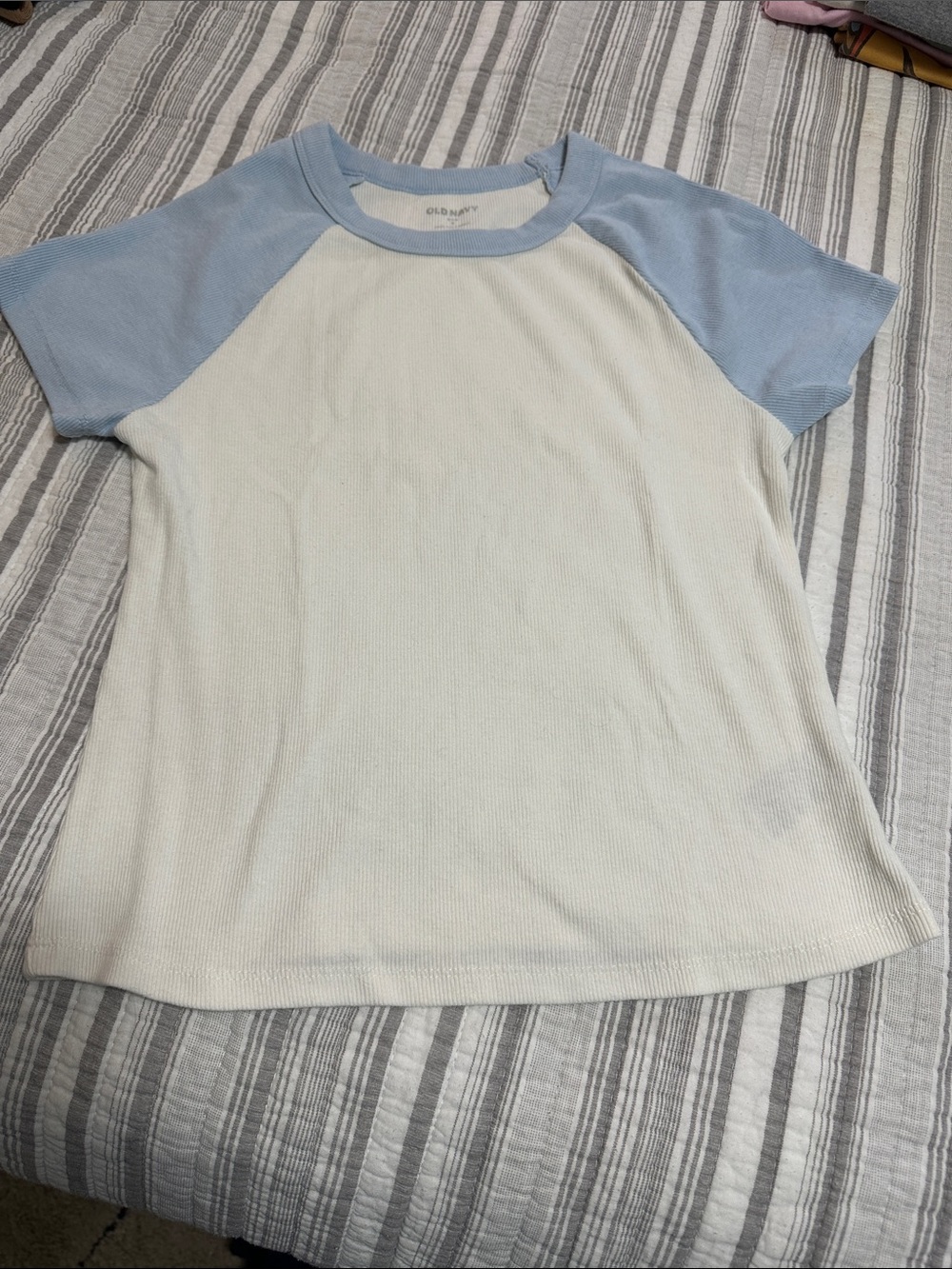 Old Navy White Tee with Light Blue Raglan Sleeves